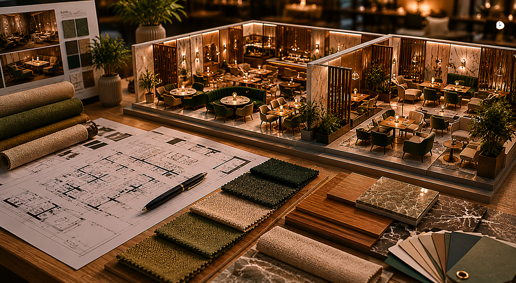 Hospitality interior furniture concepts with material selection for hotels, restaurants and boutique spaces