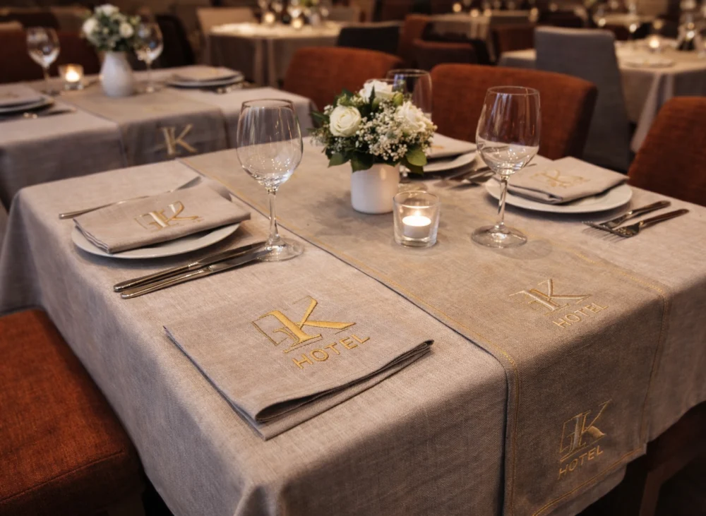 restaurant branding textiles with custom table linens and embroidery for hospitality Nilstar spaces