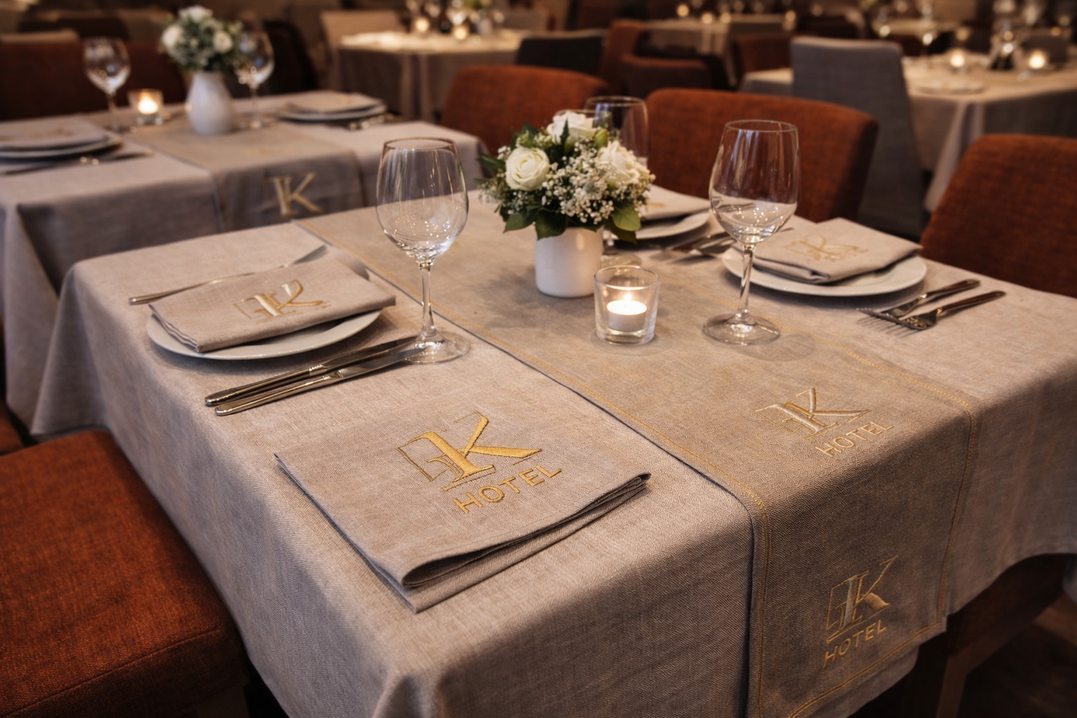 restaurant branding textiles with custom table linens and embroidery for hospitality Nilstar spaces