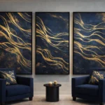 Luxury hotel textile concept in navy and gold tones with bespoke curtains and upholstery by Nilstar Studio