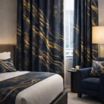 Luxury hotel room with bespoke navy and gold textile design including curtains, bed runner and cushions by Nilstar Studio