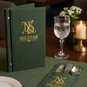 restaurant menu covers with embroidered logo and custom textile design