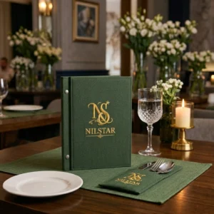 Luxury restaurant table setting with custom branded menu cover and textile design by Nilstar
