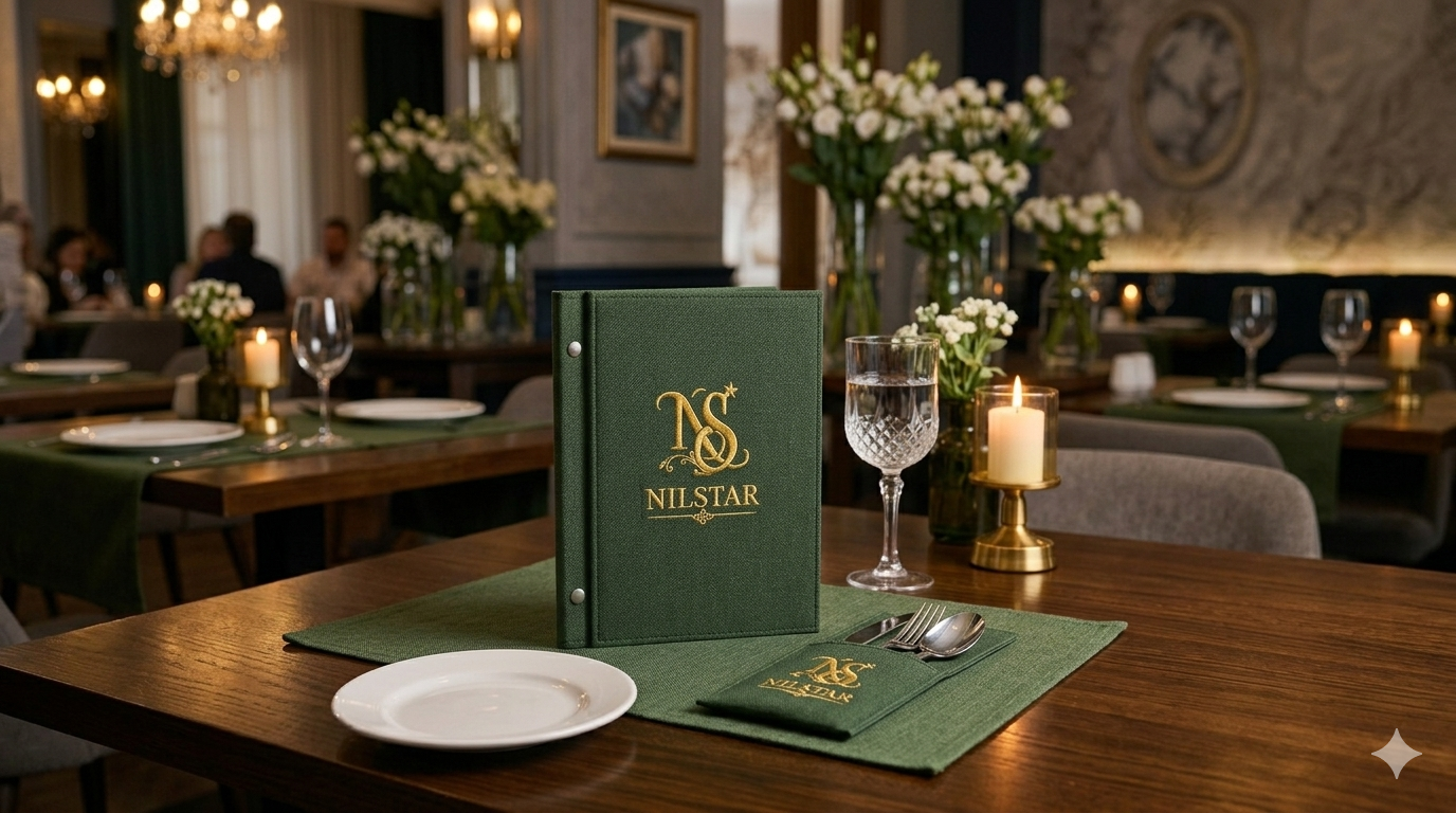 Luxury restaurant table setting with custom branded menu cover and textile design by Nilstar