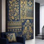 Luxury jacquard textile pattern in navy and gold tones designed for boutique hotel interiors by Nilstar Studio