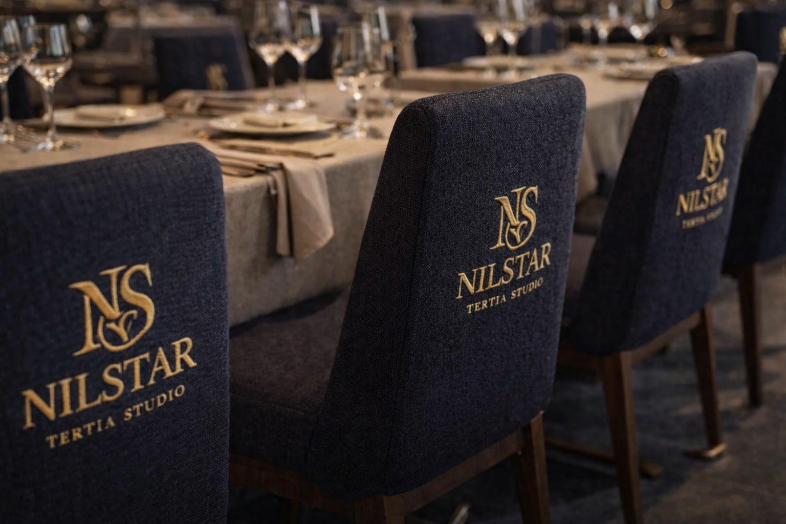 bespoke hospitality Nilstar textiles uk embroidered restaurant chair branding
