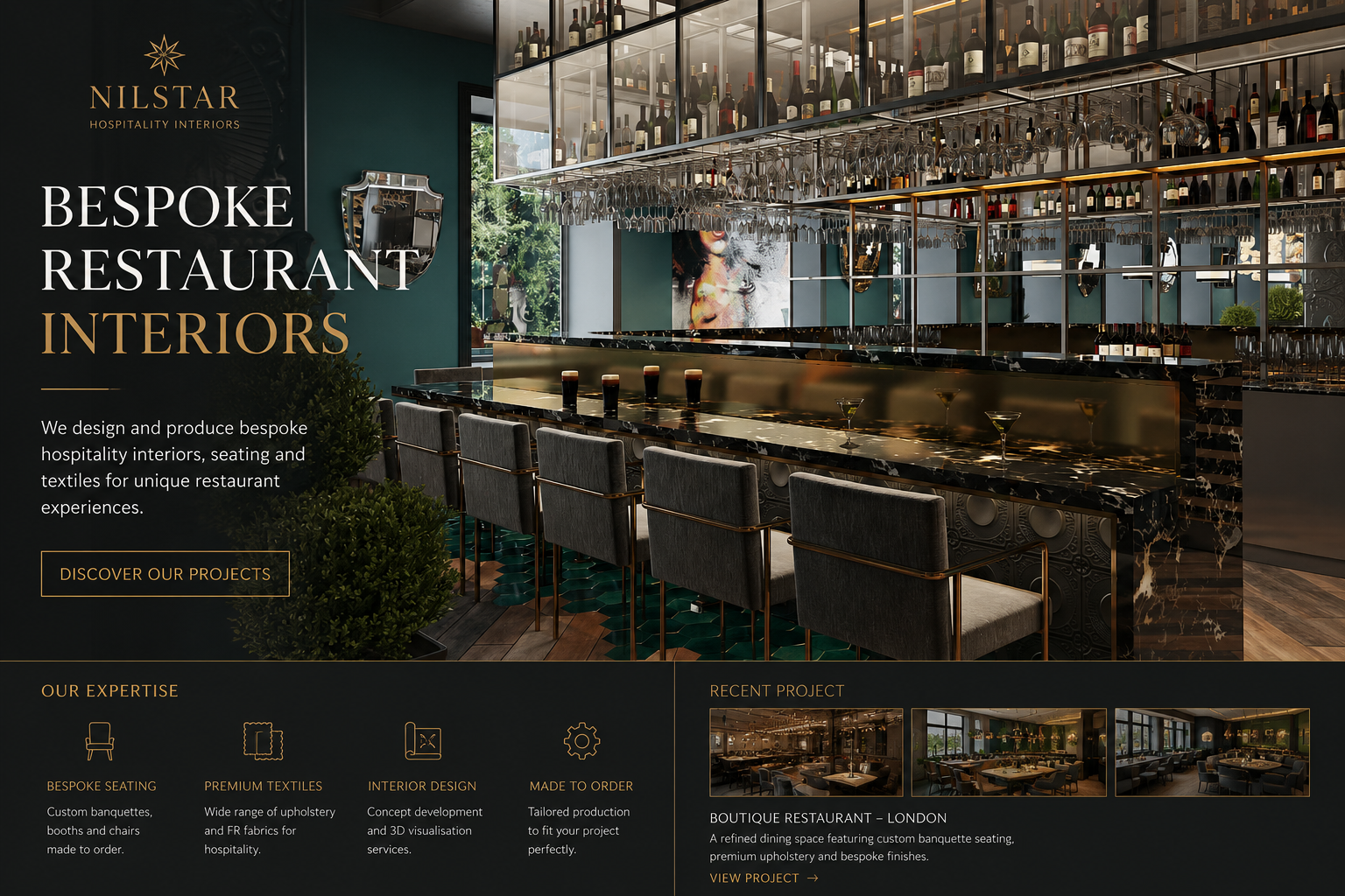 Custom restaurant interiors with bespoke seating, hospitality Nilstar Nilstar textiles and restaurant furniture design in the UK