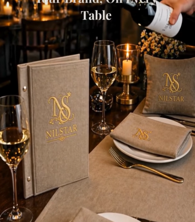 Luxury hospitality Nilstar textile concept with branded table linens and bespoke dining setup by Nilstar Textile Studio