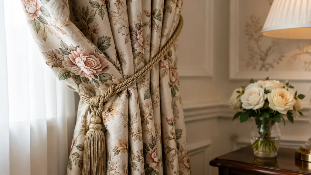 Luxury floral hotel curtain close-up with bespoke tieback and premium hospitality textile detailing