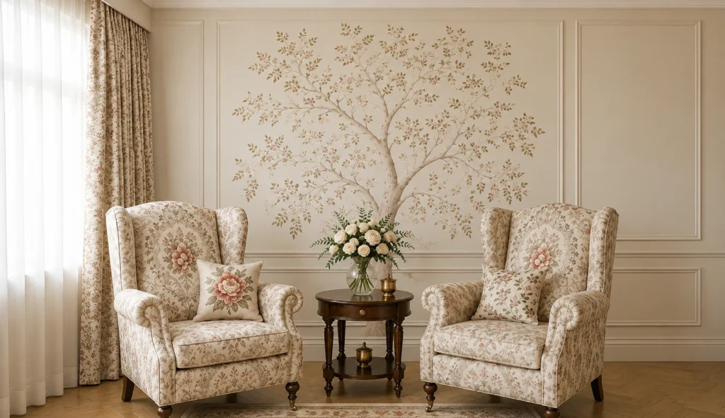 Luxury boutique hotel seating area with bespoke floral upholstery, botanical wallpaper and coordinated curtains by Nilstar