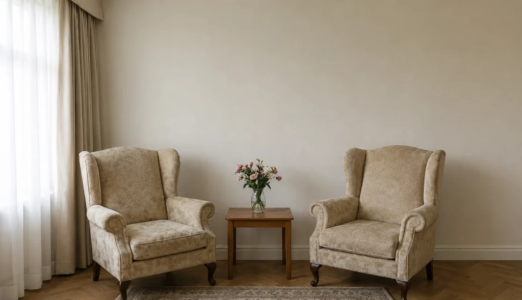 Luxury boutique hotel seating area with bespoke floral upholstery, botanical wallpaper and coordinated curtains by Nilstar