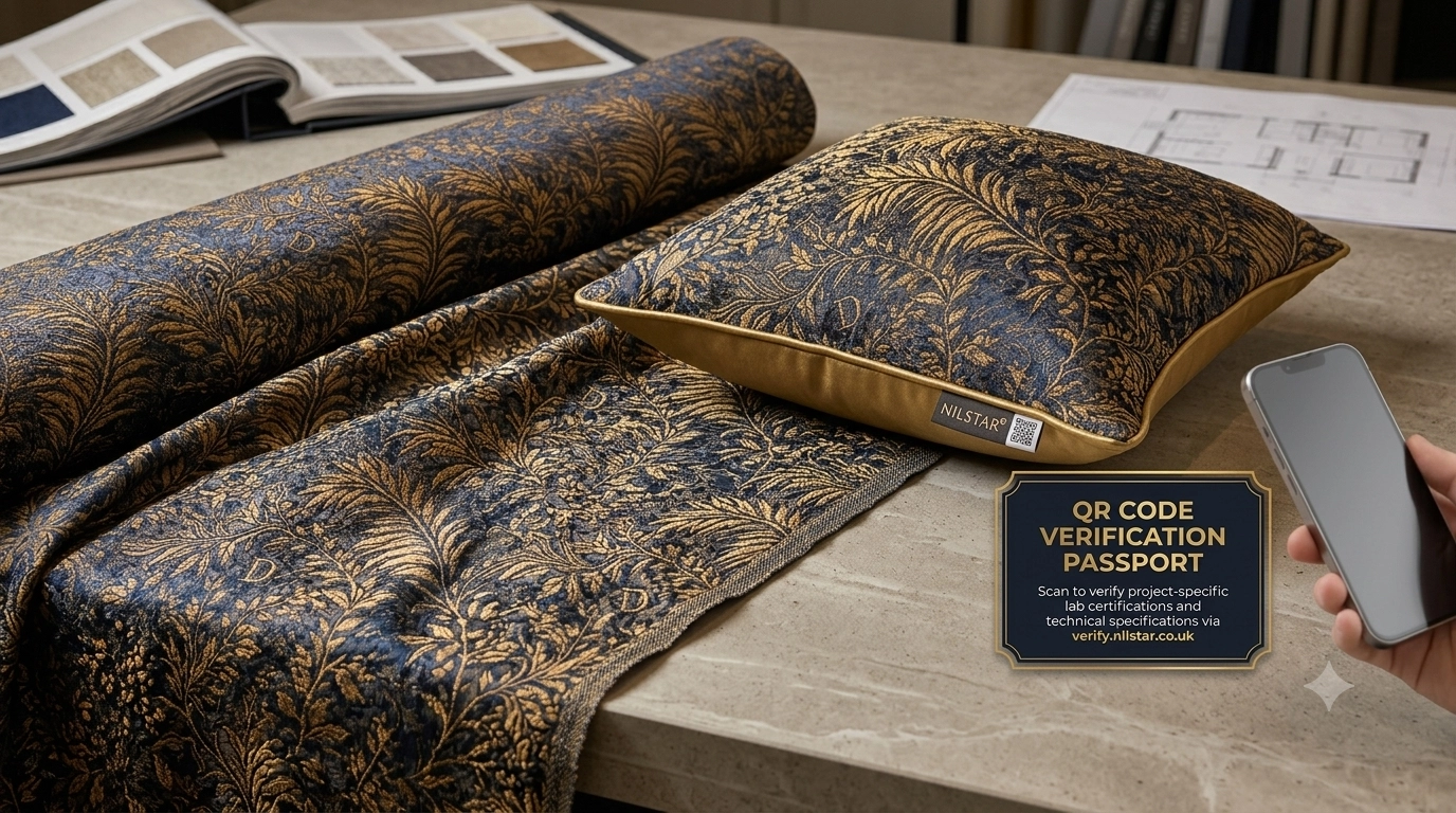 Nilstar bespoke hospitality Nilstar jacquard textile with QR verification passport for boutique hotel and restaurant interiors