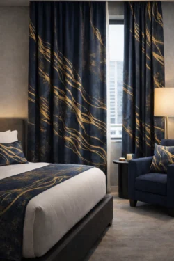 Complete Textile Concept For A Boutique Hotel Room. Luxury hotel room with bespoke navy and gold textile design including curtains, bed runner and cushions by Nilstar Studio