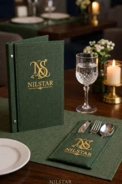Bespoke Restaurant Menu Covers And Coordinated Table Textiles Designed To Elevate Brand Identity In Hospitality Spaces. restaurant menu covers with embroidered logo and custom textile design