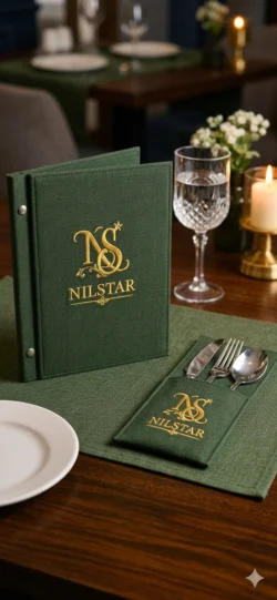 Bespoke Menu Covers And Coordinated Table Textiles Designed For Luxury Restaurants And Boutique Hotels. Crafted By Nilstar Textile Studio. Luxury restaurant table setting with custom branded menu cover and textile design by Nilstar