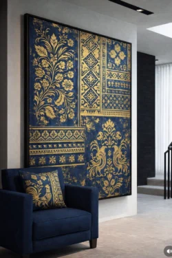 Ornamental Textile Design Inspired By Classic Jacquard Patterns. Luxury jacquard textile pattern in navy and gold tones designed for boutique hotel interiors by Nilstar Studio